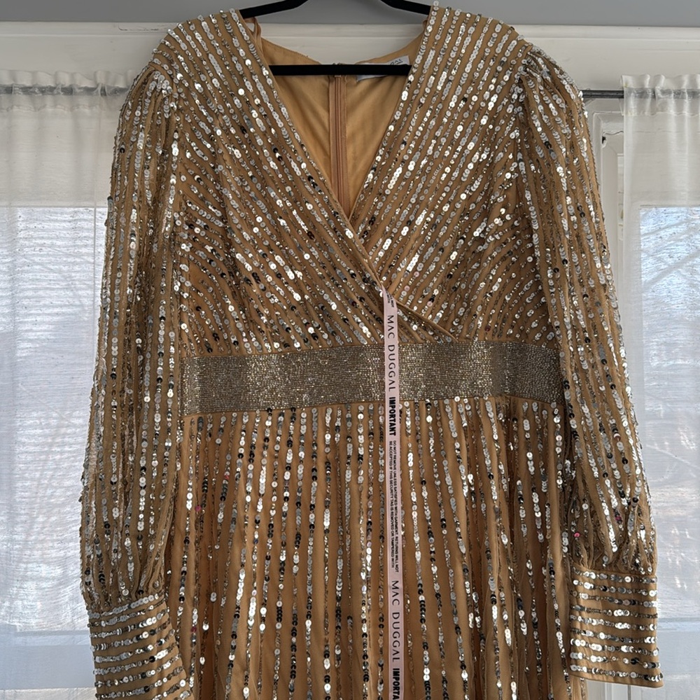 MAC DUGGAL 22 Beige Sequined Wrap Over Bishop Sleeve Gown - Picture 10 of 14
